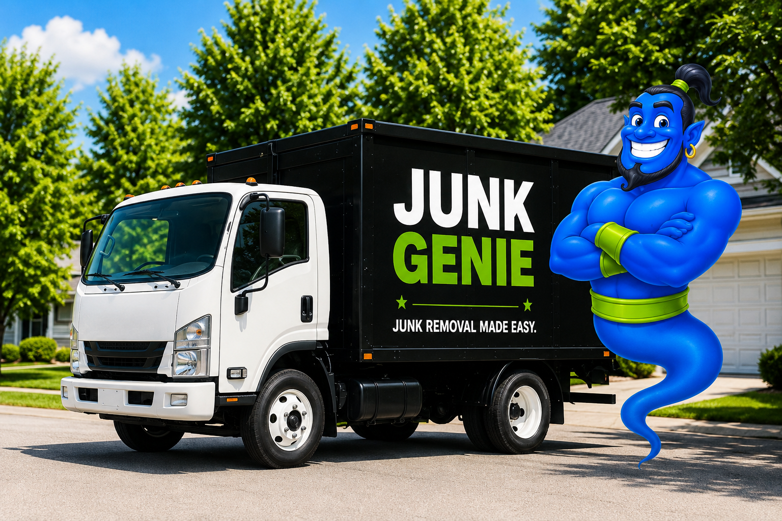 Junk Genie branded truck and genie mascot